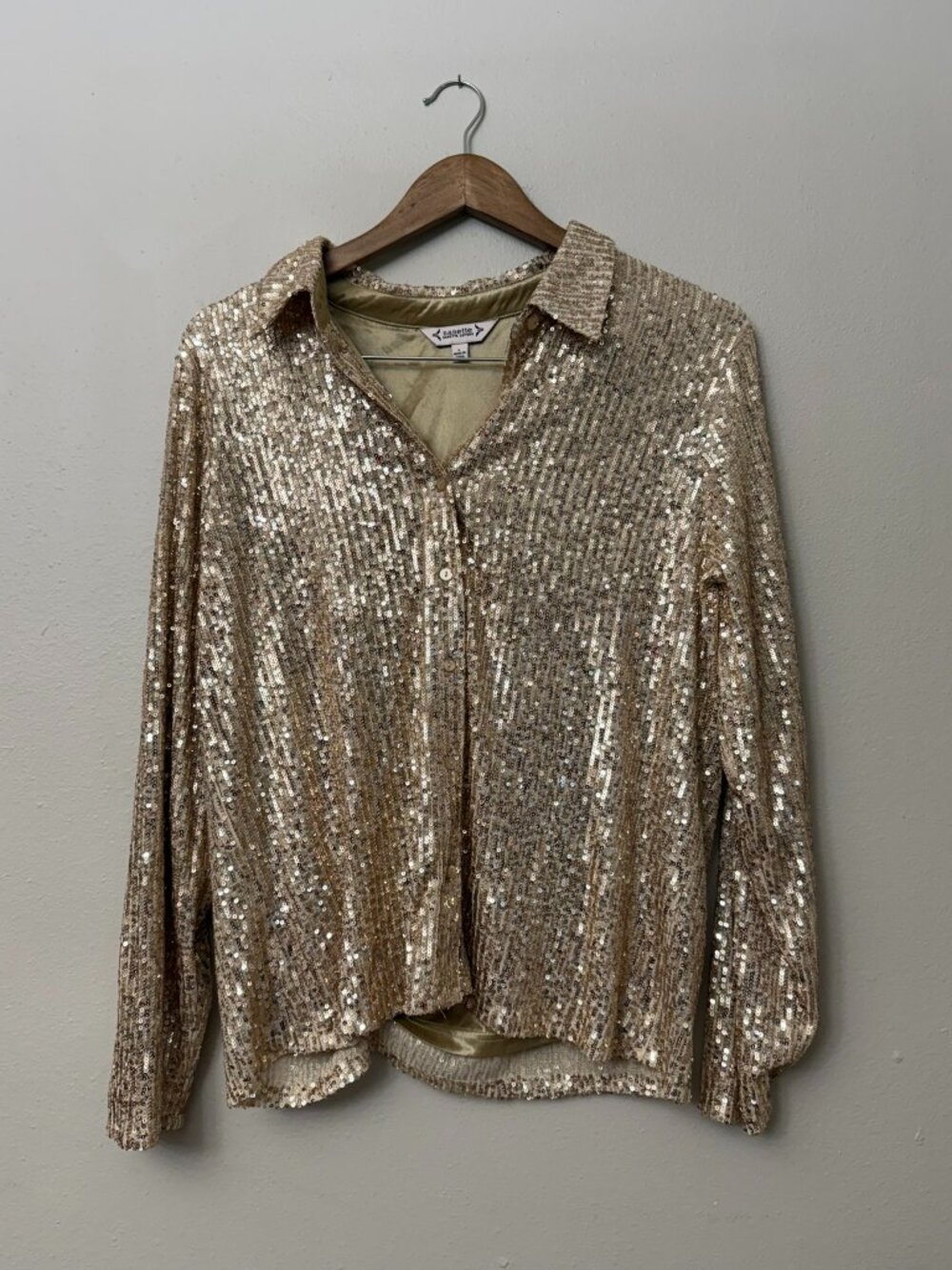 Nanette Lepore Gold Sequin Holiday Christmas Button Up Blouse Large